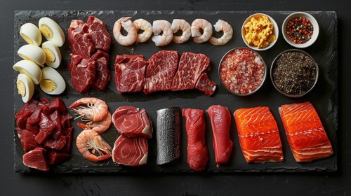 All meat, fish and eggs platter overhead. generative AI, AI generated