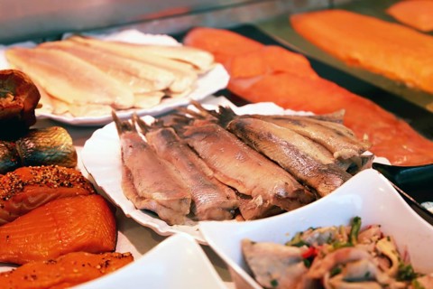 Close-up of a fish counter with fish and seafood