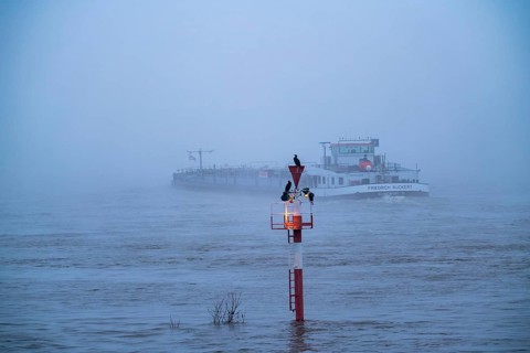Dense fog, Rhine near Düsseldorf, cargo ship travelling south, very low visibility, navigation