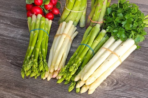 Green asparagus and white asparagus decorated on a rustic wooden table