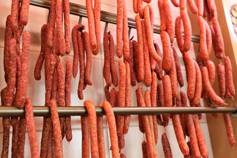 Air-dried sausage in a butcher's shop
