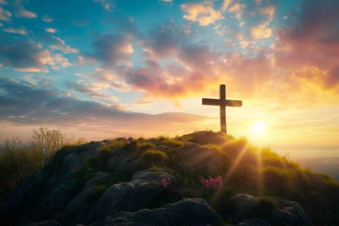 Easter concept cross on Golgotha Calvary hill against a dramatic sunset, AI generated