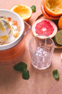 Citrus juicer, sliced fruit, glass with ice, close-up, no people, breakfast