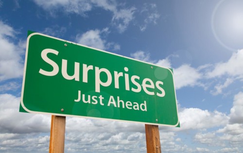 Surprises just ahead green road sign over clouds and blue sky, AI generated