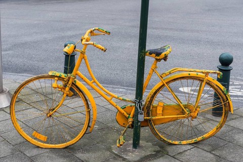 Demolished parked bicycle, yellow, painted, mobility, demolished, broken, old, ladies bike, city