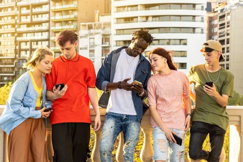 Young people using mobile phones, Millennial friends having fun with new technology trends, Tech