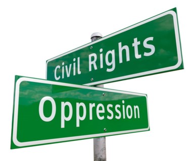 Civil rights, oppression 2 way green road sign isolated on white