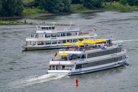 Excursion boats Bingen and Ehrenfels, of the Bingen-Rüdesheim shipping company, on the Rhine, near