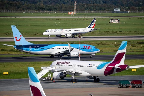 Düsseldorf Airport, TUIfly Boeing 737, Eurowings aircraft at the outer position, parking position,