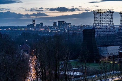 View of the skyline of Essen, city centre, seen from the Zeche Zollverein, skeleton of the cooling