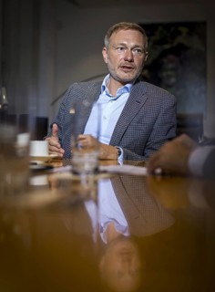 Christian Lindner (FDP), Federal Minister of Finance, recorded during an interview in his office at
