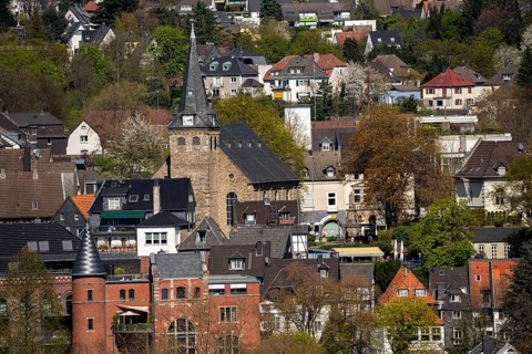 The old town centre of Essen-Kettwig, in the south of the city, with the market church, turbine