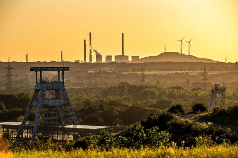 EON coal-fired power station Scholven, Gelsenkirchen, in the back, in front the double headframe of