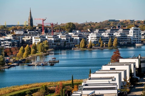 The Phoenix Lake in Dortmund's Hörde district, an artificial lake on the former Phoenix-Ost