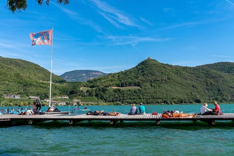 Gretl am See lido on Lake Kaltern, near the village of Kaltern, in the Adige Valley in South Tyrol,