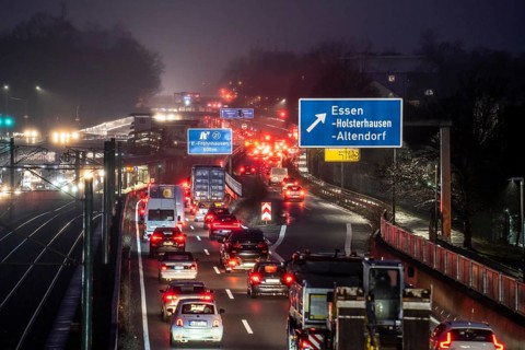 Traffic jam on the A40 motorway, Ruhrschnellweg, in Essen, North Rhine-Westphalia, Germany, Europe