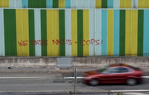Motorway A40, Ruhrschnellweg, in the through road in Essen, noise barrier, with the slogan, we hate