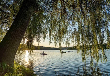 Lake Baldeney, kayaks, summer evening on the eastern shore, Essen, North Rhine-Westphalia, Germany,