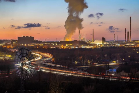 Skyline of the Duisburg steel site, Thyssenkrupp Steel Europe, in Duisburg-Bruckhausen, sunset,