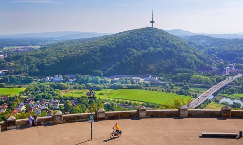 Terrace at the Kaiser Wilhelm Monument with a view of the Weser Valley, Porta Westfalica, Weser,