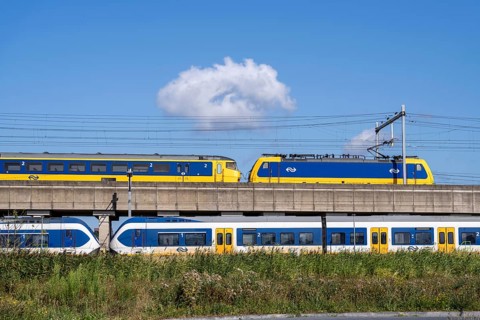 Trains of the Dutch railway, NS, Nederlandse Spoorwegen N.V., on a double-decker track, below local