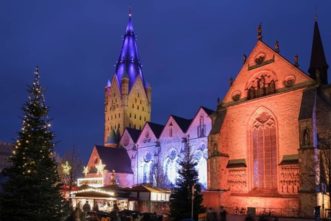 Paderborn Cathedral, St. Liborius, Christmas market, Blue Hour, Paderborn, Westphalia, North