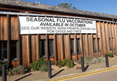 Sign Seasonal Flu Vaccinations available in October, Framfield House health centre surgery,