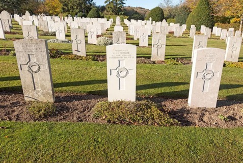 Rows of gravestones at Tidworth military cemetery, Tidworth, Wiltshire, England, UK