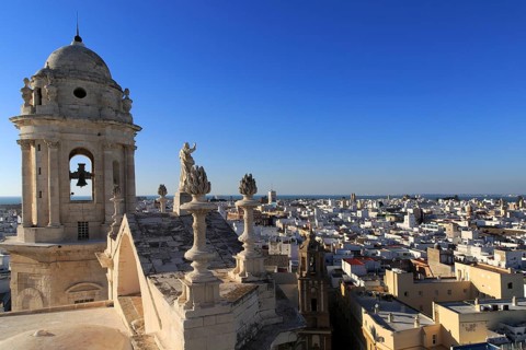 Rooftops of buildings in Barrio de la Vina, looking west from cathedral roof, Cadiz, Spain, Europe