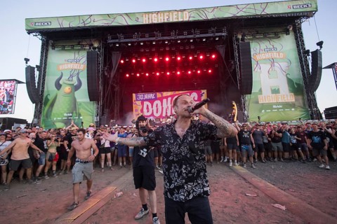 Ingo Knollmann, singer of the Donots in the mosh pit at the Highfield Festival on Friday,
