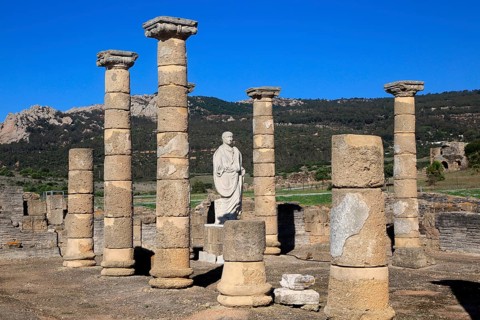 Statue of Emperor Trajan in the forum, Baelo Claudia Roman site, Cadiz Province, Spain, Europe