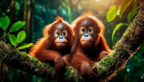 Two cute little orangutan babies in the dark rainforest look curious, portrait, AI generated, AI