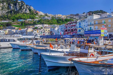 Waterfront at the Marina Grande boat harbour with excursion boats, Capri, Campanian Archipelago,