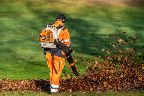 Leaf blower, removal of autumn leaves in a municipal park, Duisburg, North Rhine-Westphalia,