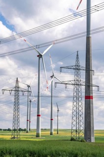 Wind farm north-east of Marsberg, Hochsauerlandkreis, high-voltage line, electricity pylons, North