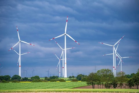 Wind farm east of Geilenkirchen, dark storm clouds, strong wind, North Rhine-Westphalia, Germany,