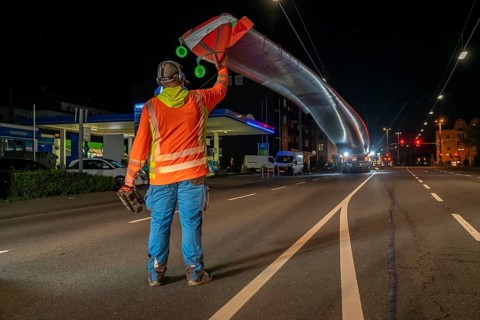 Transport of a 68 metre long, 22 tonne blade of a wind turbine, here in Schwelm, with a