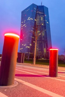 Building of the European Central Bank, ECB, on the Main in Frankfurt, barrier bollards on the banks