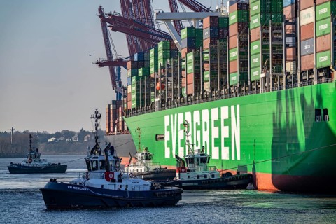 Container ship Ever Gifted, arriving at the port of Hamburg, Waltershofer Hafen, HHLA Container