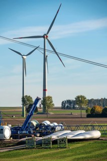 Wind farm near Bad Wünnenberg, construction site, storage area for a new wind turbine, components