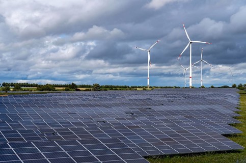 Solar park and wind farm near Morschheim, part of the municipality of Kirchheimbolanden,