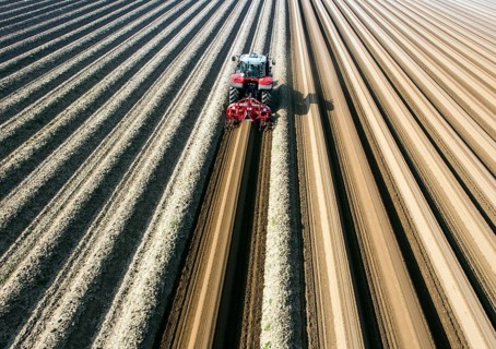 An aerial photo shows a tractor in a large asparagus field. Preparations for the asparagus season.