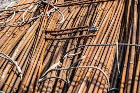 Large construction site, construction iron, reinforcement iron, concrete construction, reinforced