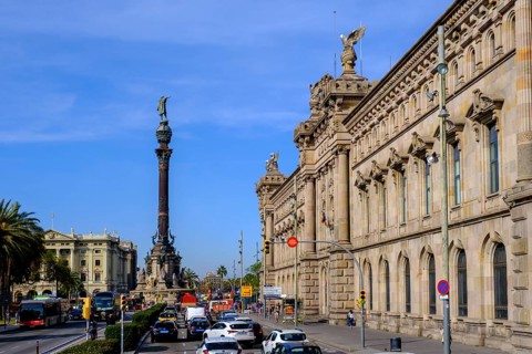 At the harbour, customs building, Duana de Barcelona, behind Columbus Column, Barcelona, Catalonia,