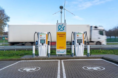 Motorway filling station, electric charging station, Power Charger, Shell Recharge, on the A76,