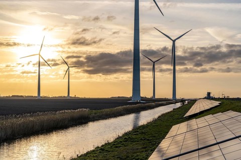 Solar park on the Slaperdijk dyke near the Eemshaven, test project, 17, 000 solar modules were