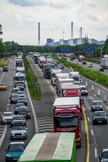 Traffic jam on the A2 motorway near Bottrop, behind the Bottrop motorway junction, in the direction