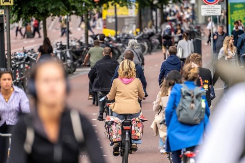 Central cycle path at the Vredenburgviaduct, in the city centre of Utrecht, lanes for pedestrians,