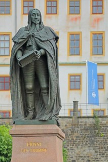 Monument to Duke Ernst I the Pious of Saxe-Gotha-Altenburg, sculpture with book and inscription,