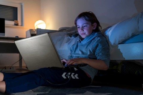 Boy, at home on the computer, laptop, in the children's room, playing a game